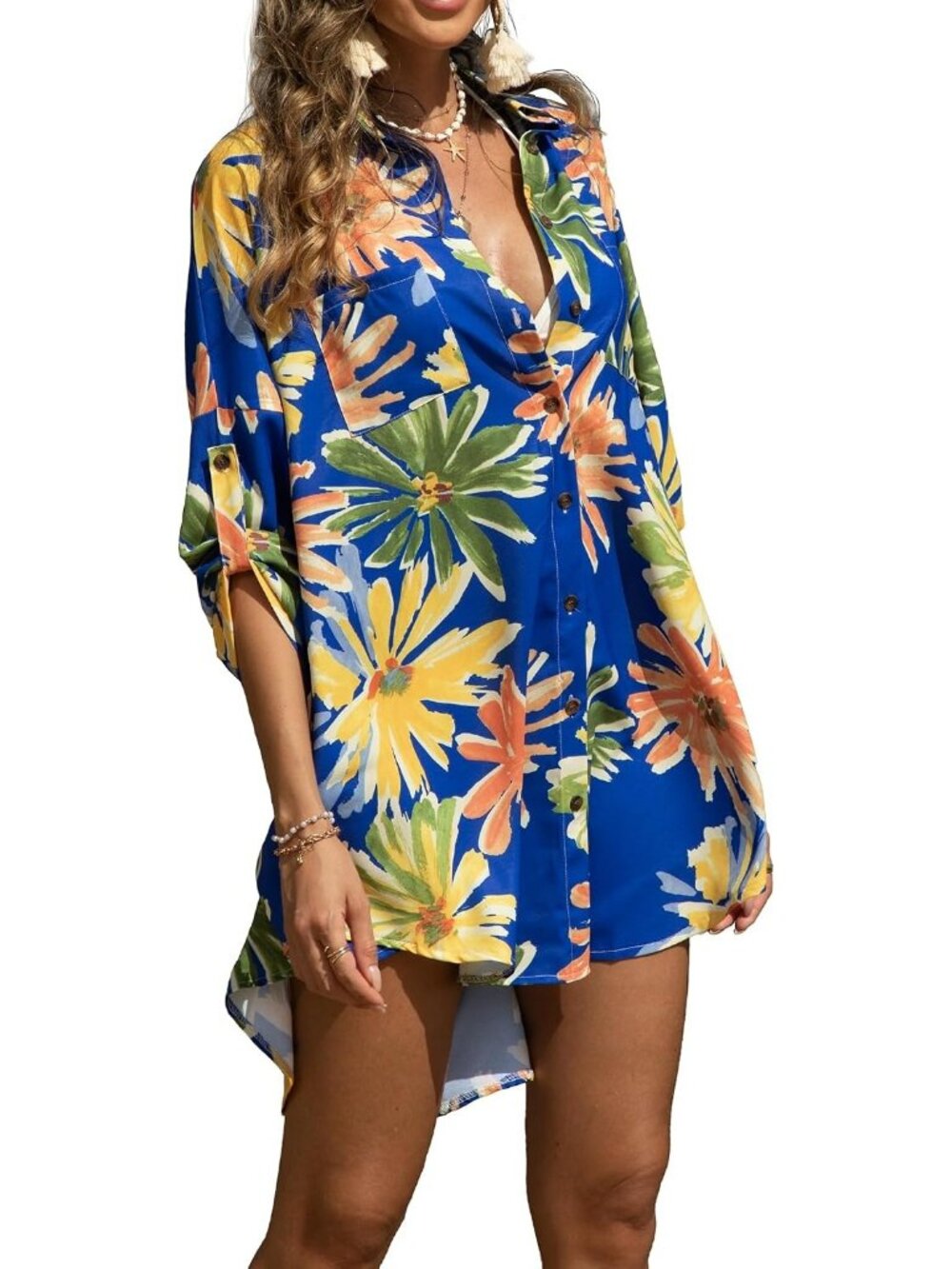 Womens Multi Polyester Cover up Beach Swimsuit Coverup Floral Button Down Shirt